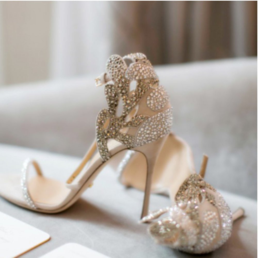 FSJ Nude Rhinestone Stiletto Heels Bridal Sandals